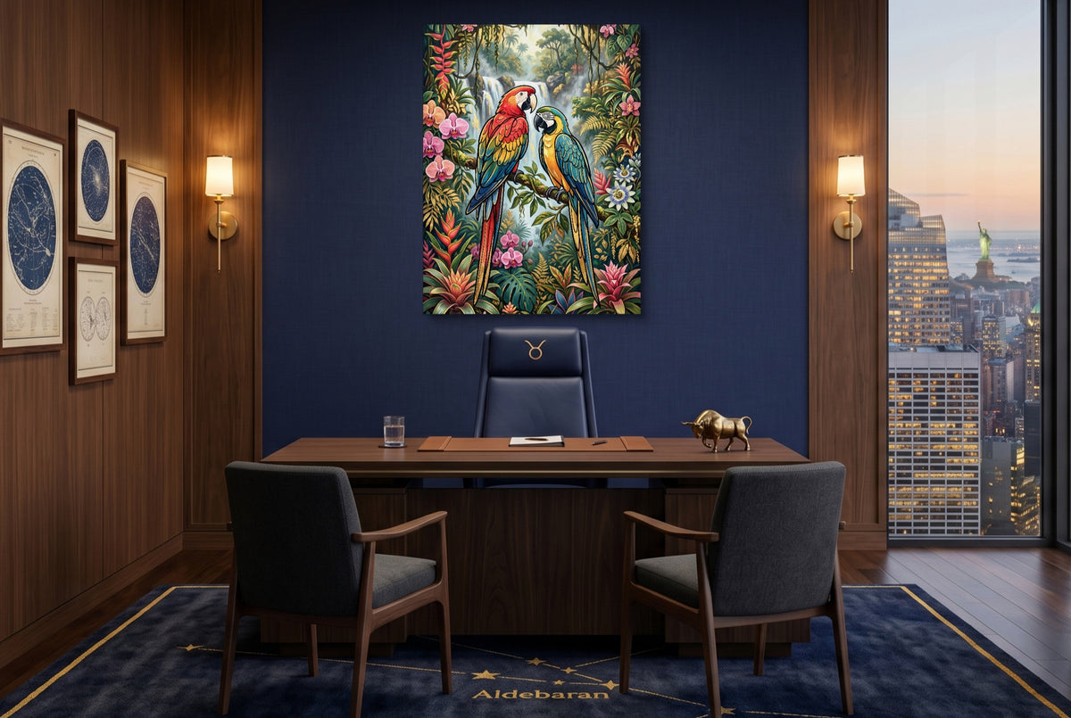 Macaws Jungle Waterfall — macaws jungle waterfall office with city view 1port flush print