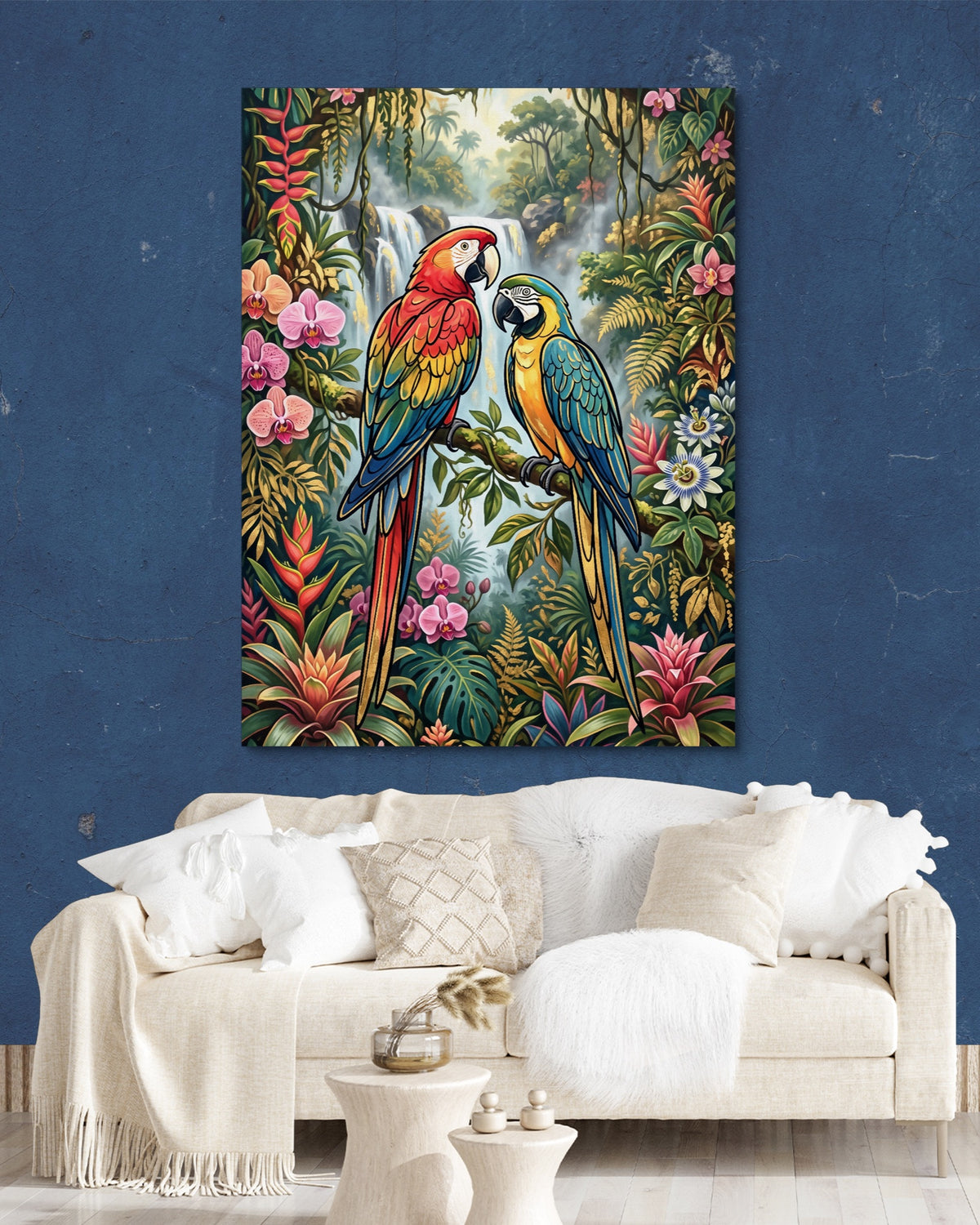 Macaws Jungle Waterfall — macaws jungle waterfall psd navy wall white lux couch 1port flush print