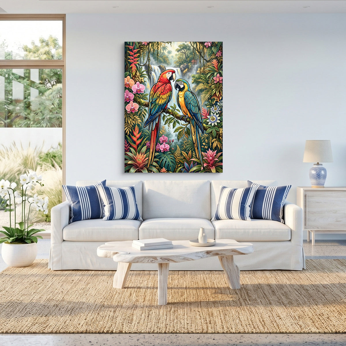 Macaws Jungle Waterfall — macaws jungle waterfall sq beach house 1port flush print