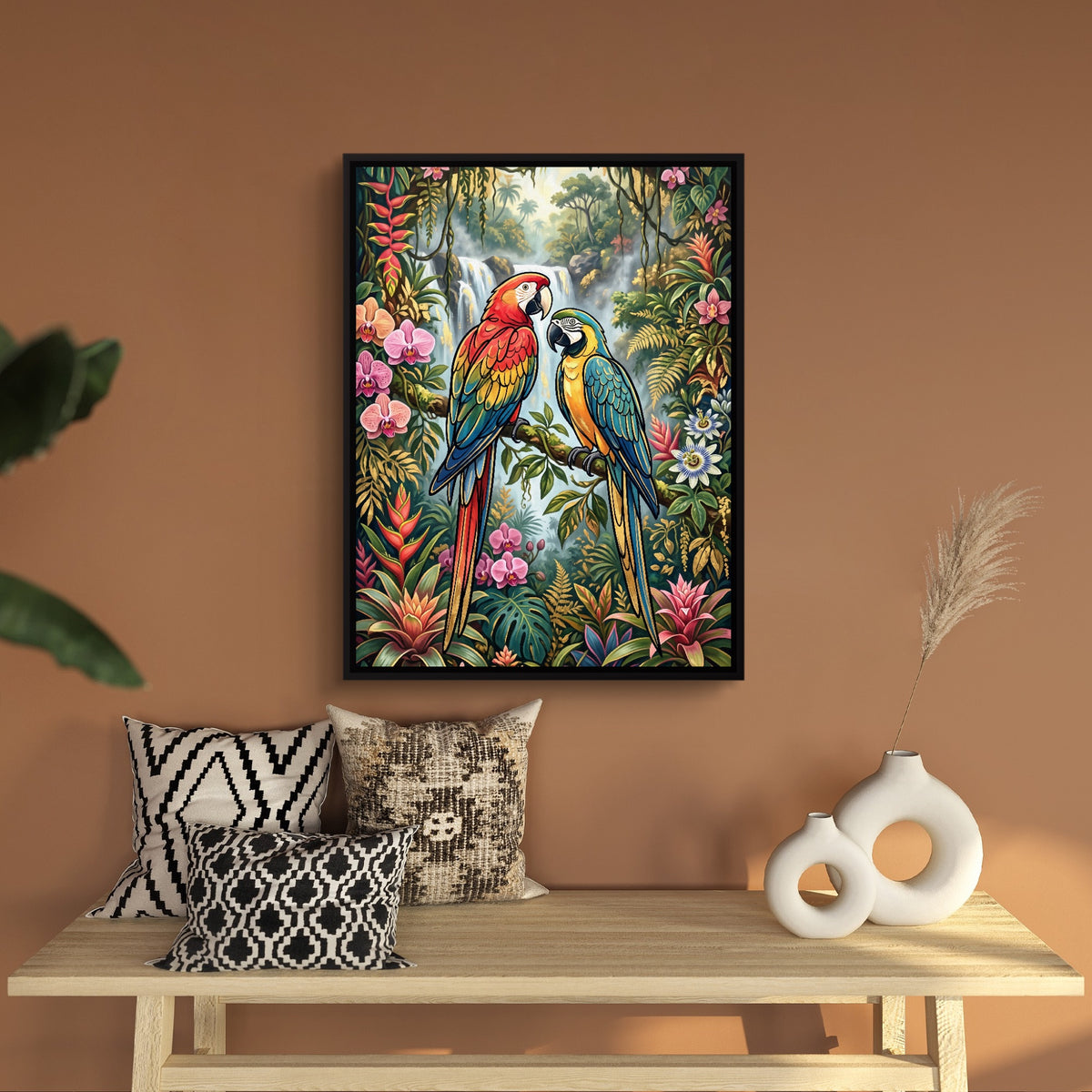 Macaws Jungle Waterfall — macaws jungle waterfall sq bench wall 1port framed black