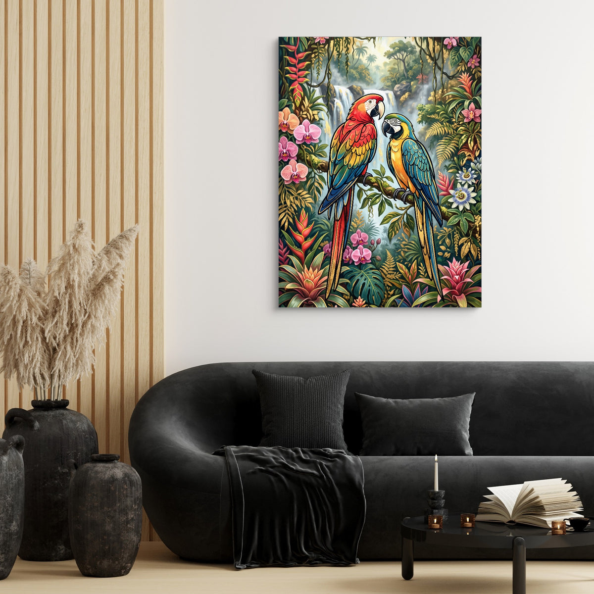 Macaws Jungle Waterfall — macaws jungle waterfall sq black couch and wood walls 1port flush print