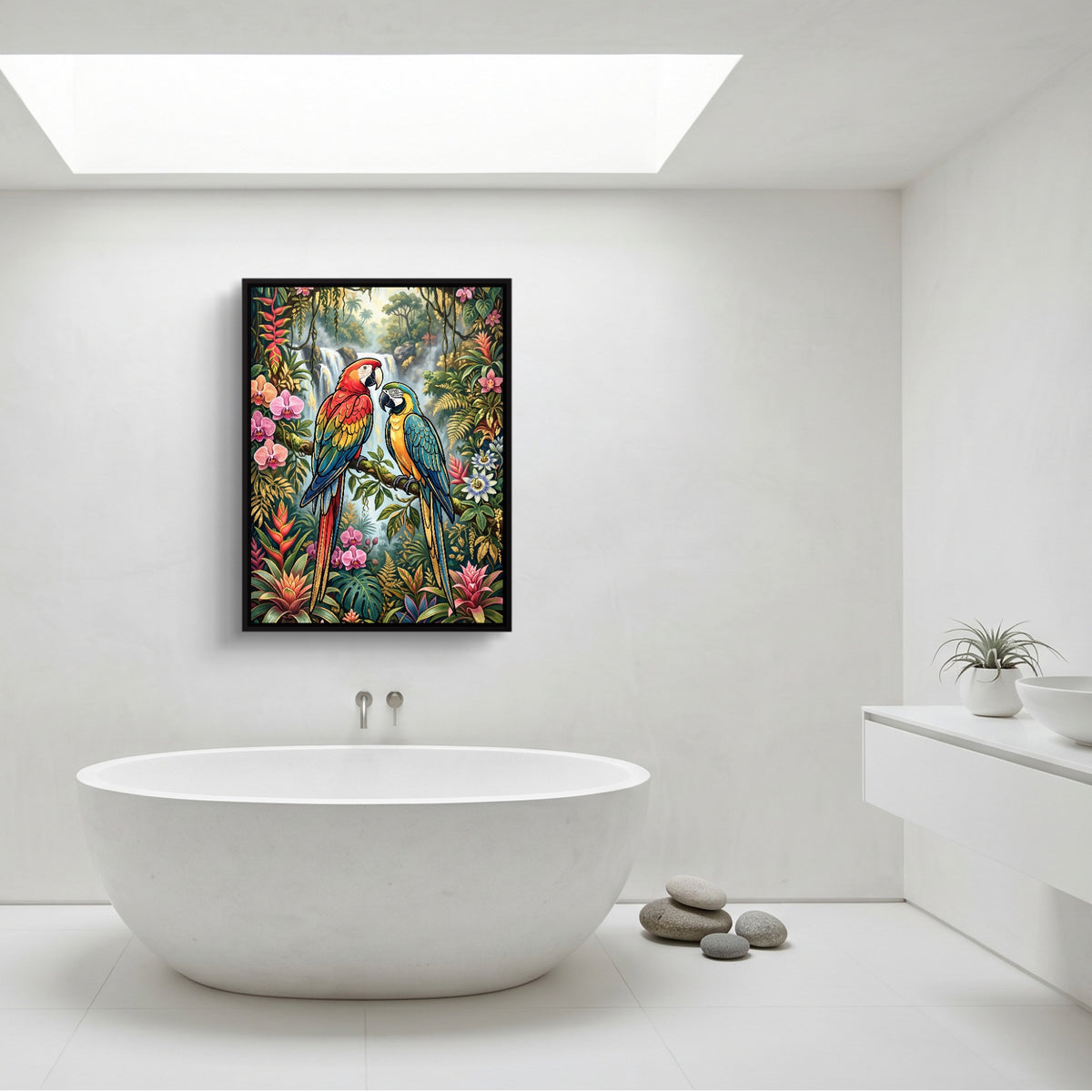 Macaws Jungle Waterfall — macaws jungle waterfall sq minimalist bathroom 1port framed black