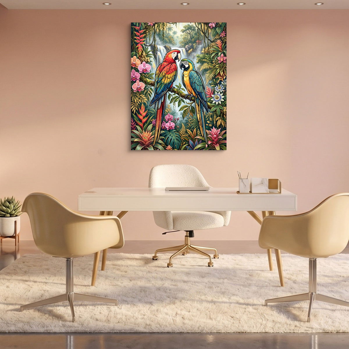 Macaws Jungle Waterfall — macaws jungle waterfall sq pink office 1port flush print