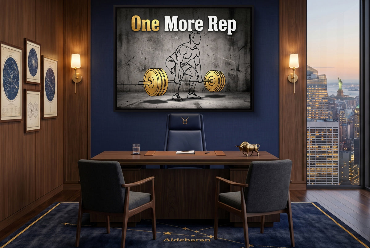 Man Golden Deadlift — man golden deadlift office with city view 1land framed black