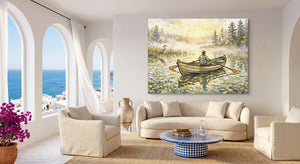 Man Rowing Sunrise — man rowing sunrise beachside couch livingroom 1land flush print