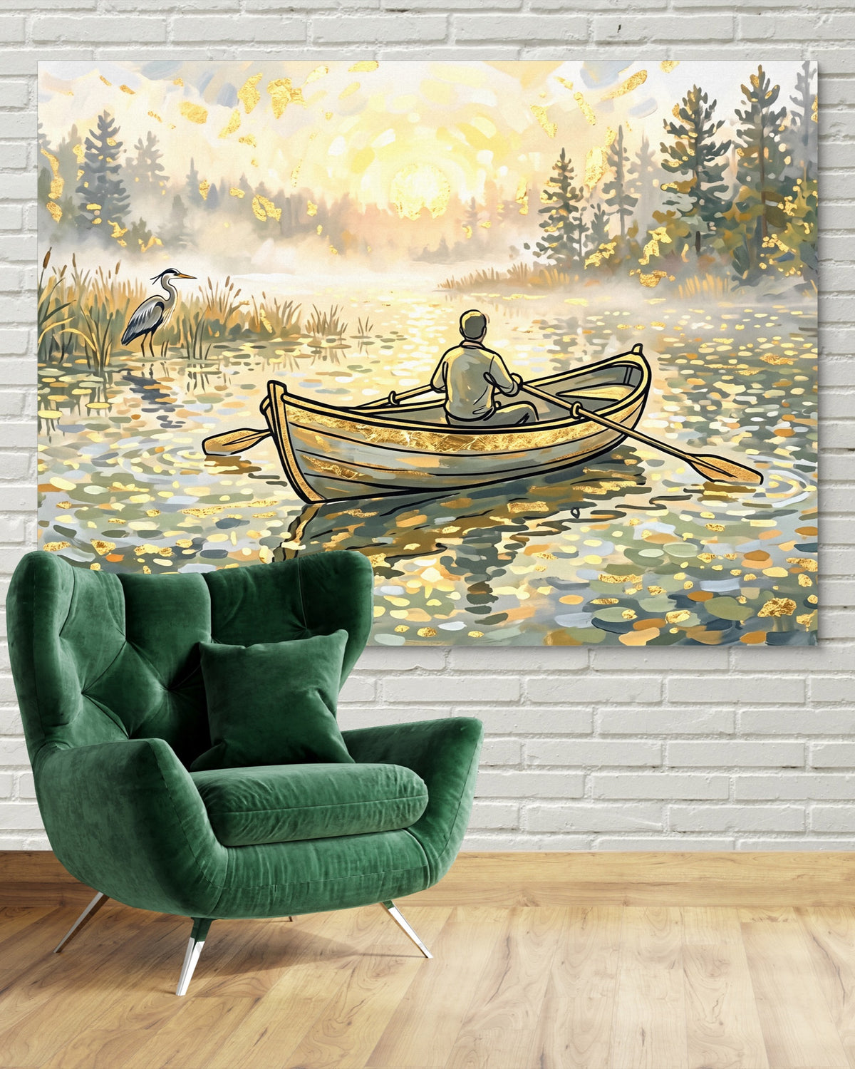 Man Rowing Sunrise — man rowing sunrise psd white brick green chair 1land flush print
