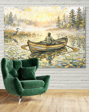 Man Rowing Sunrise — man rowing sunrise psd white brick green chair 1land flush print