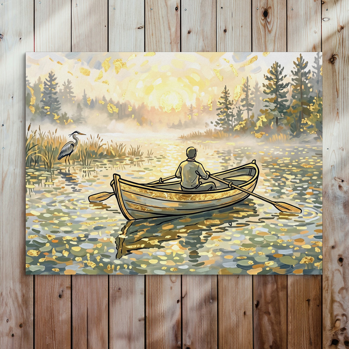 Man Rowing Sunrise — man rowing sunrise sq bed 2 wood panel 1land flush print