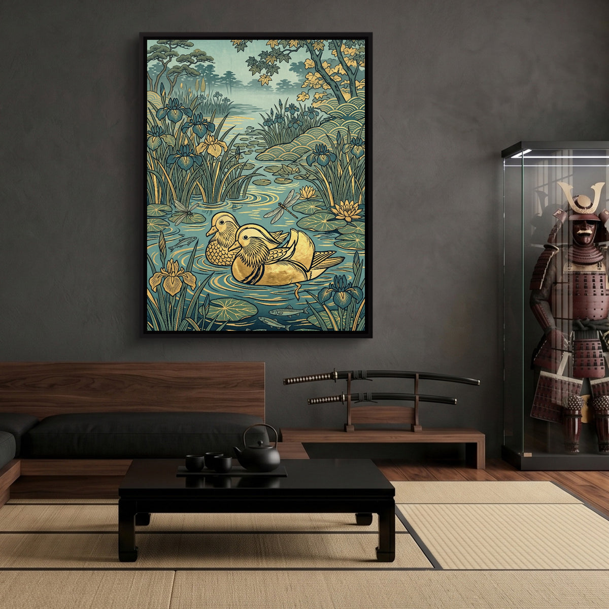 Mandarin Ducks Golden Pond — mandarin ducks golden pond sq samurai den 1port framed black