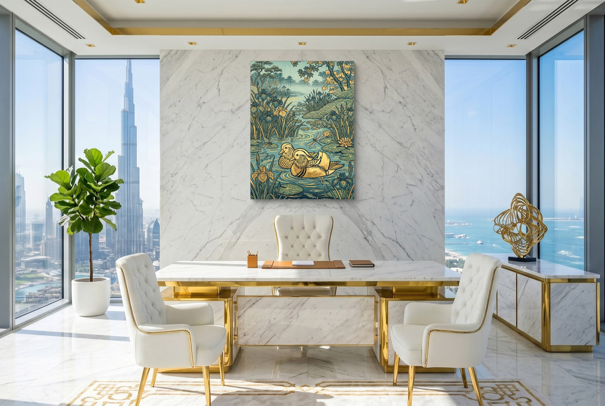 Mandarin Ducks Golden Pond — mandarin ducks golden pond office with city view 2 1port flush print