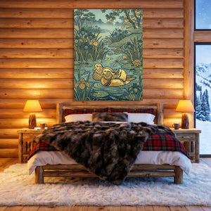 Mandarin Ducks Golden Pond — mandarin ducks golden pond sq cozy cabin 1port flush print