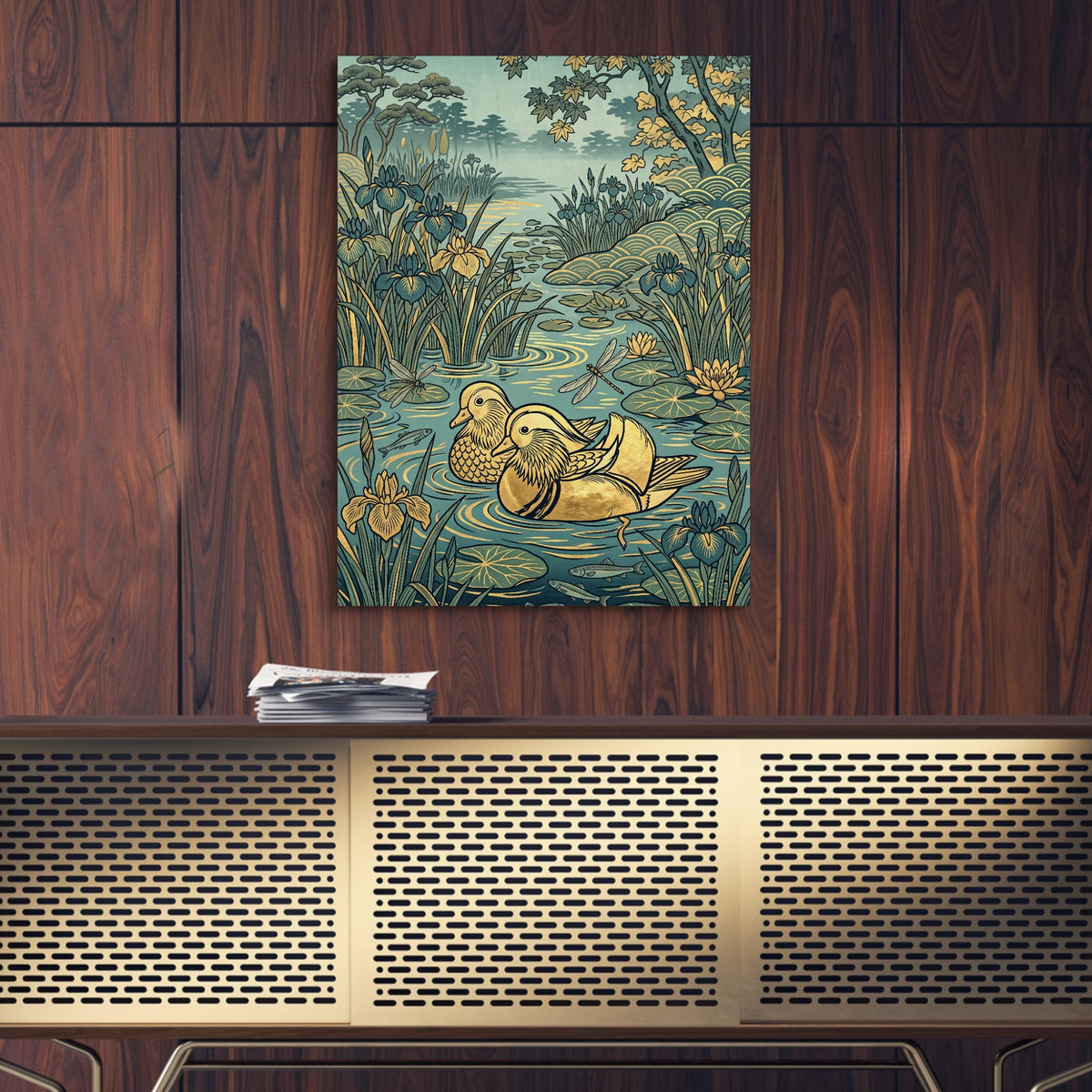 Mandarin Ducks Golden Pond — mandarin ducks golden pond sq luxury wood wall close 1port flush print
