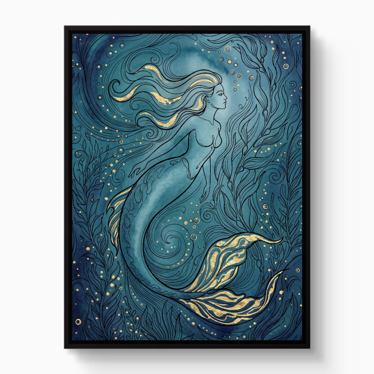 Mermaid Golden Flow — mermaid golden flow white studio framed black