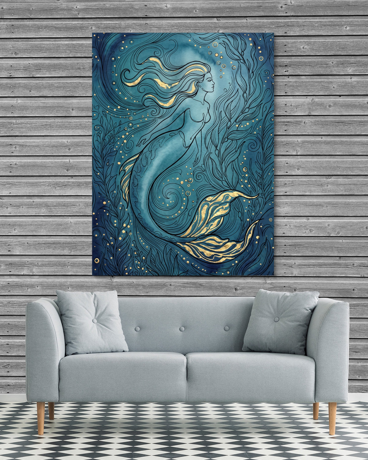 Mermaid Golden Flow — mermaid golden flow psd grey wood checkers couch 1port flush print