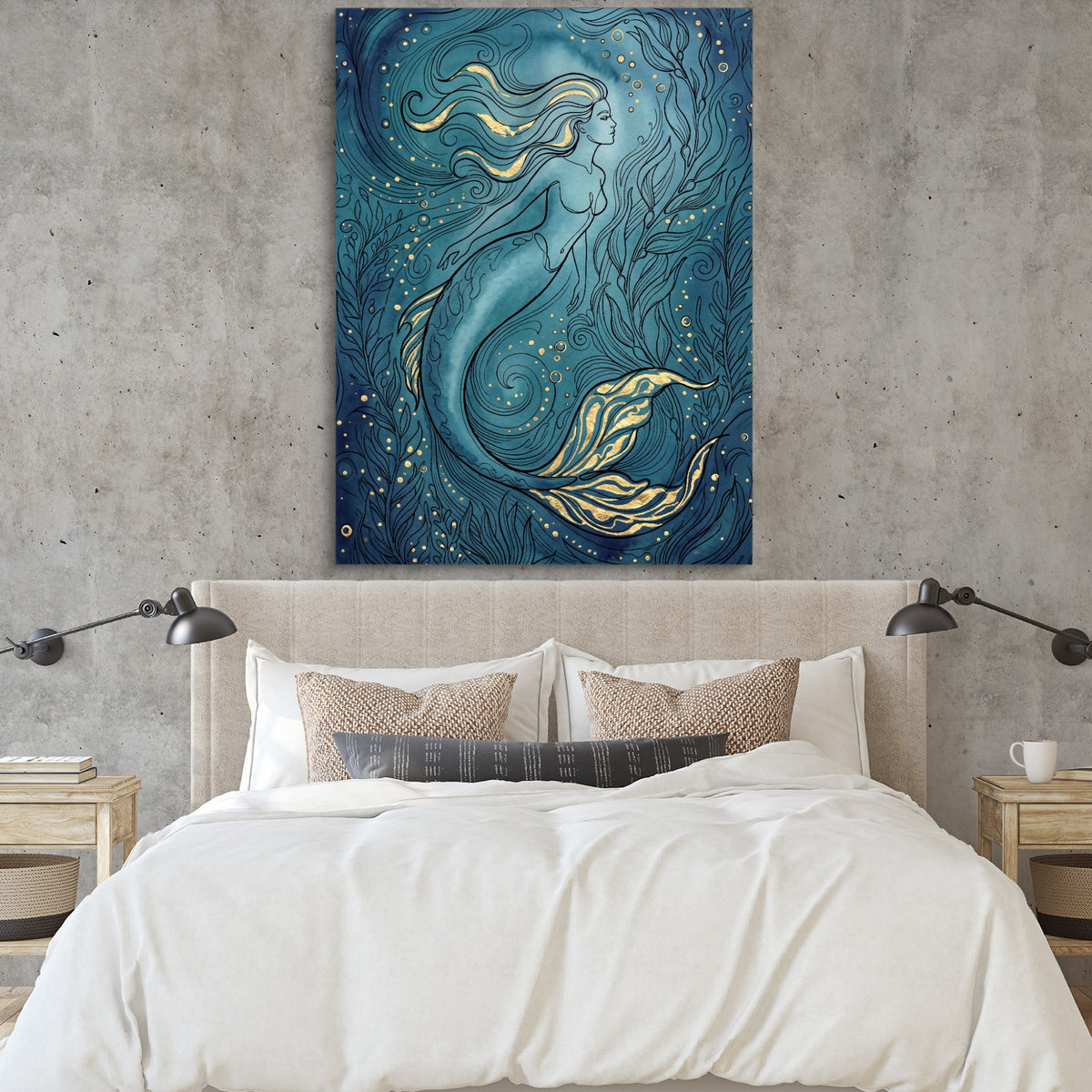 Mermaid Golden Flow — mermaid golden flow sq bedroom cement wall 1port flush print