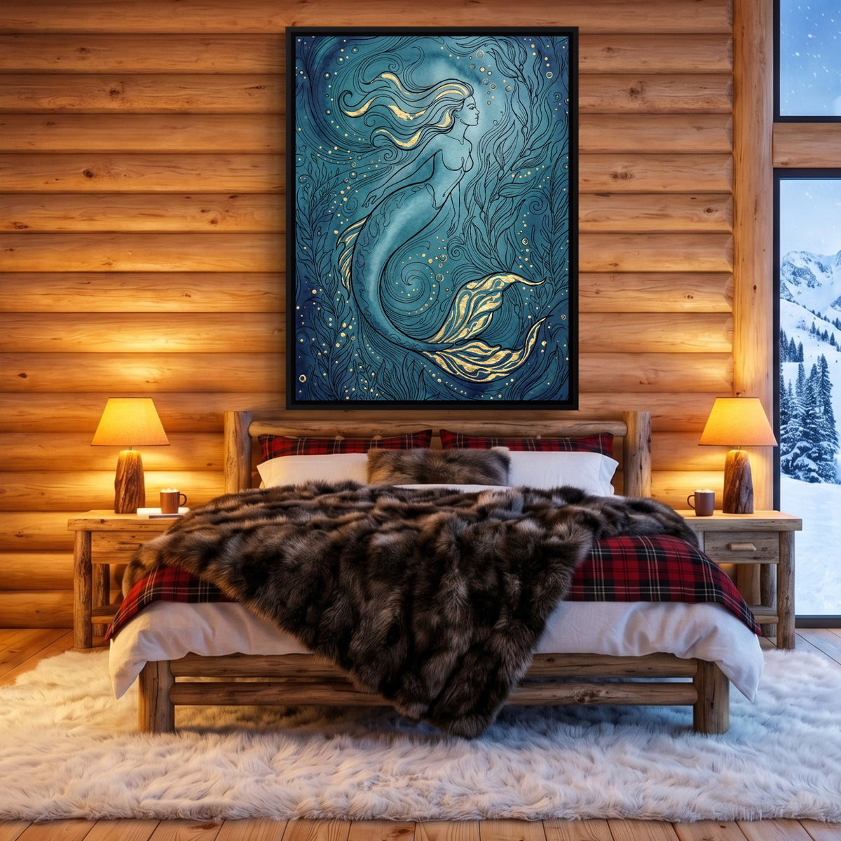 Mermaid Golden Flow — mermaid golden flow sq cozy cabin 1port framed black