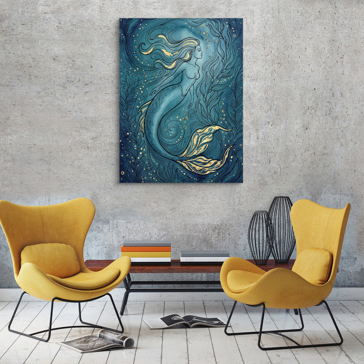Mermaid Golden Flow — mermaid golden flow sq red chairs 1port flush print