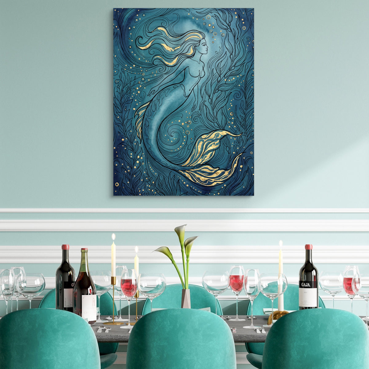 Mermaid Golden Flow — mermaid golden flow sq teal dining room 1port flush print