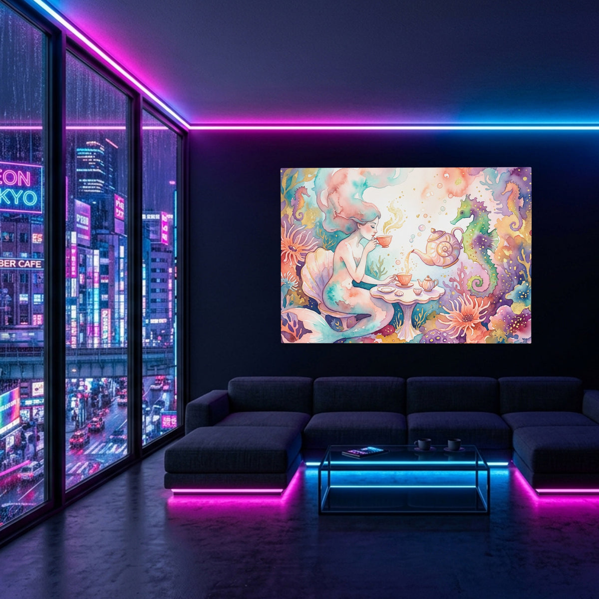 Mermaid Tea Time — Mermaid Tea Time Blue Pink Neon Room Land 84