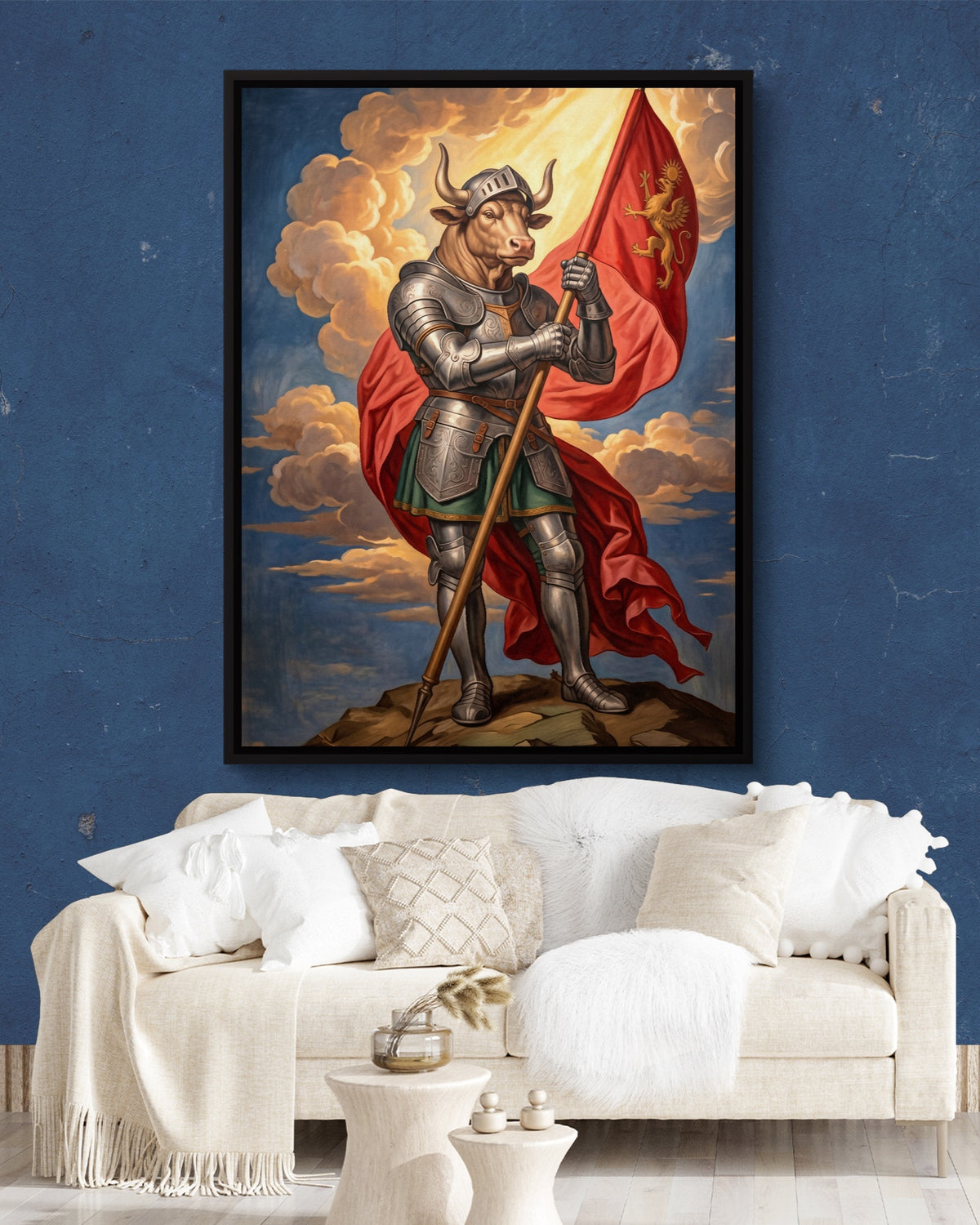 Minotaur's Red Standard — minotaur's red standard psd navy wall white lux couch 1port framed black