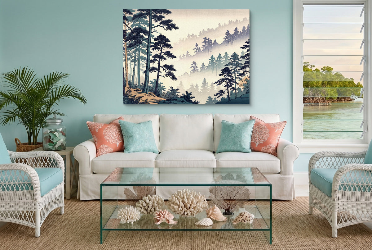 Misty Forest Indigo — misty forest indigo living room with furniture 1land flush print