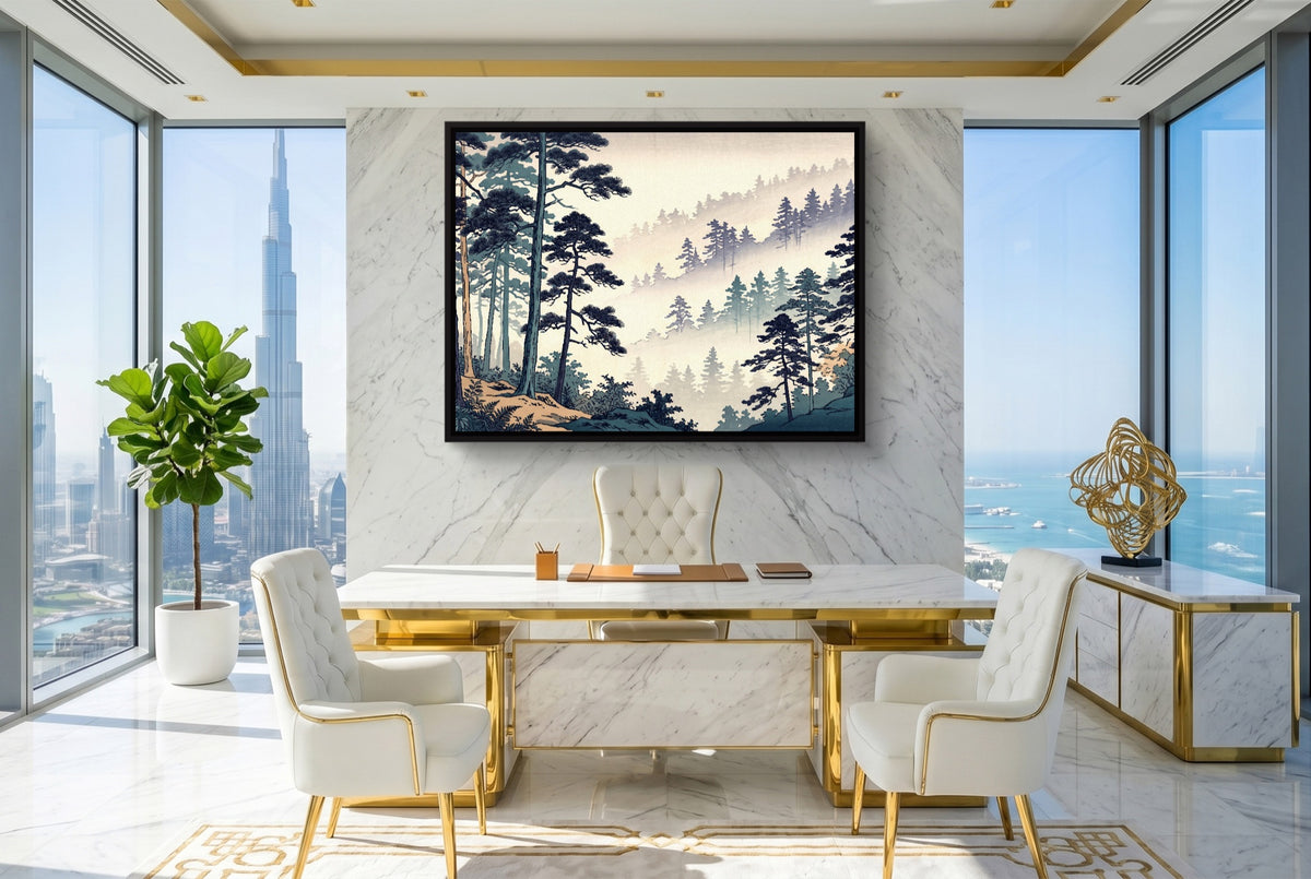 Misty Forest Indigo — misty forest indigo office with city view 2 1land framed black