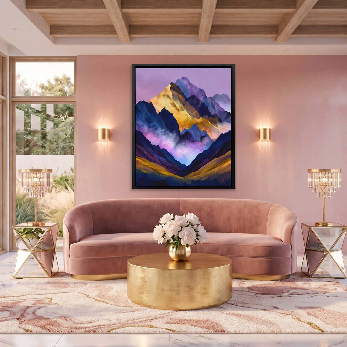 Misty Peaks Layered canvas wall art, room view