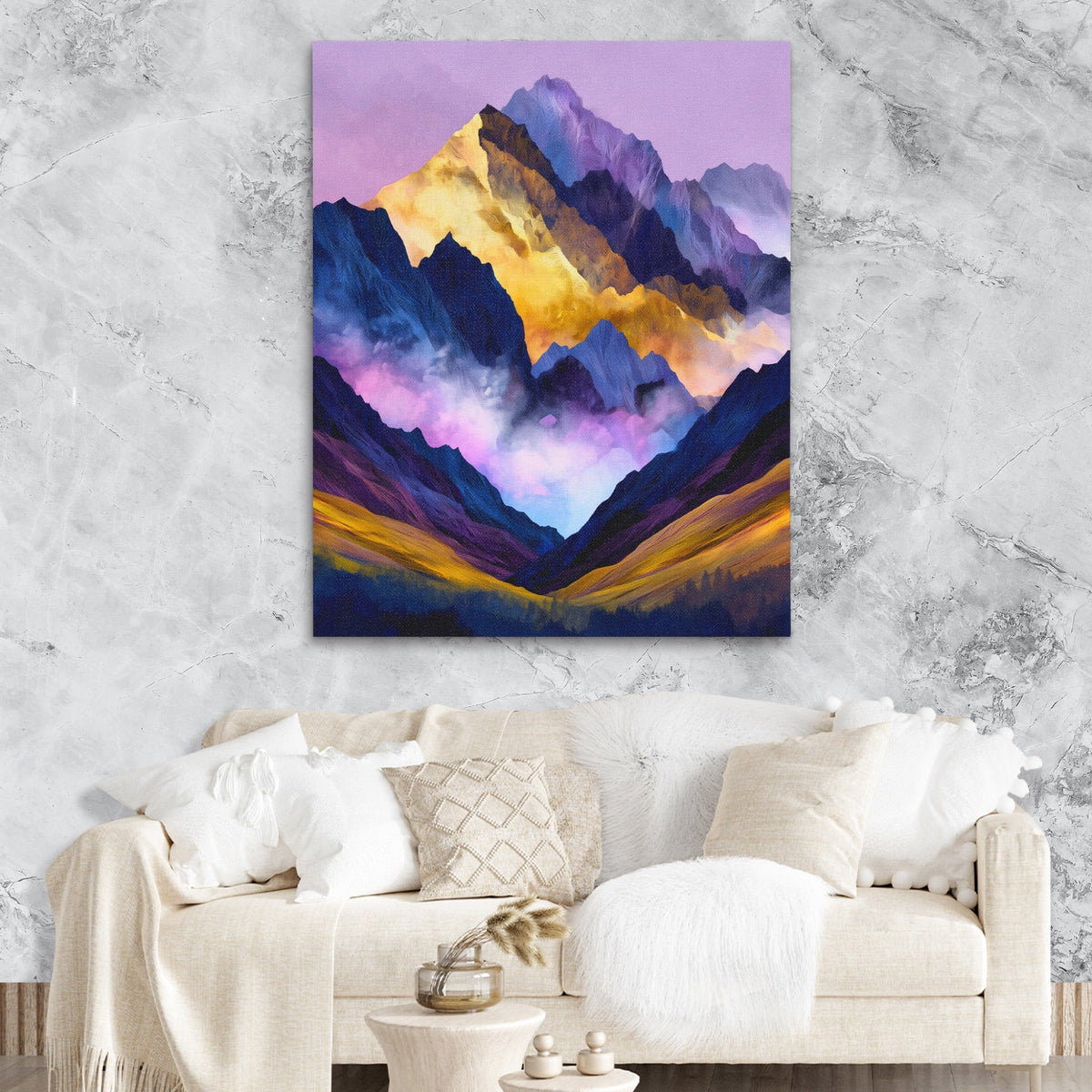 Misty Peaks Layered canvas wall art, room view