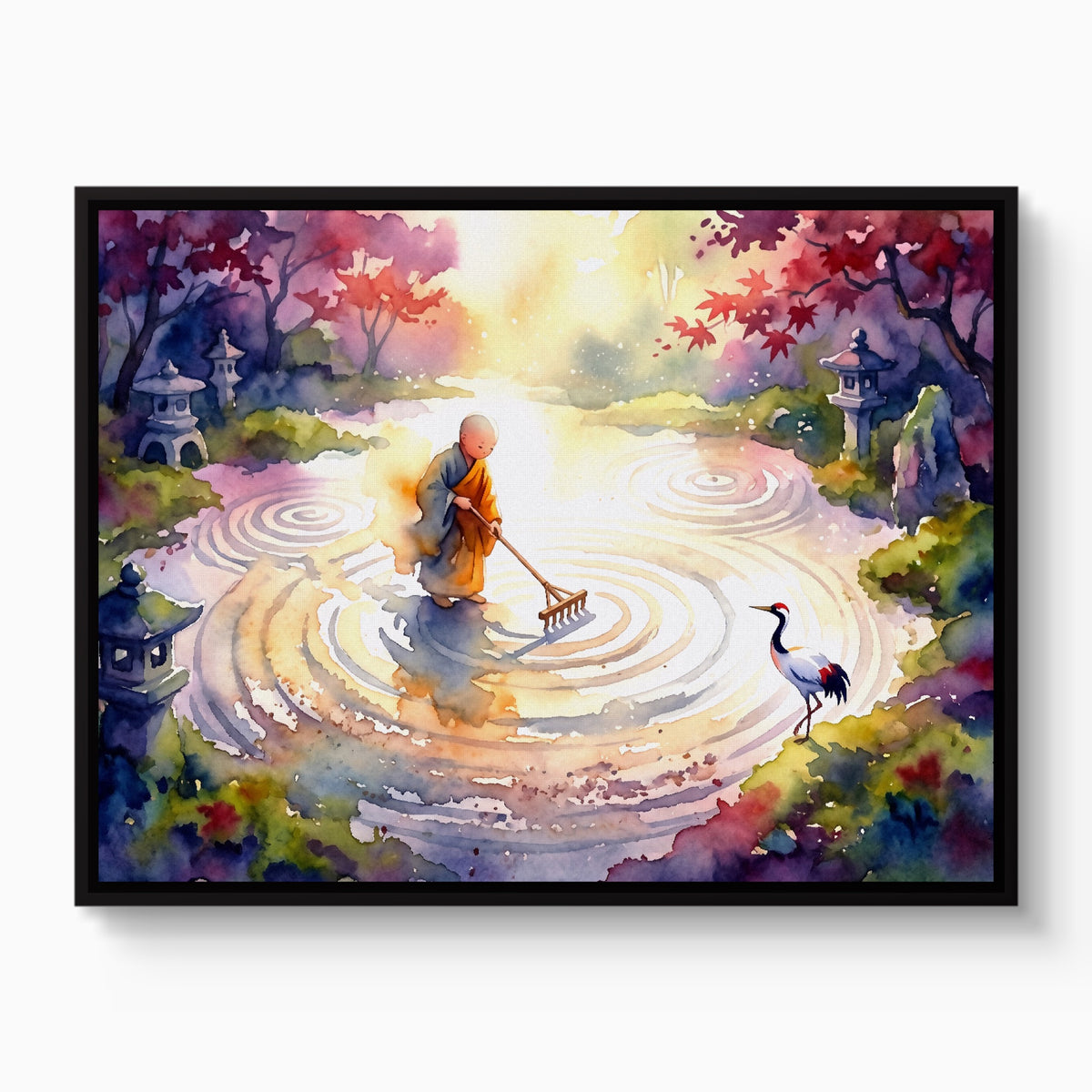 Monk Raking Circles — monk raking circles white studio framed black