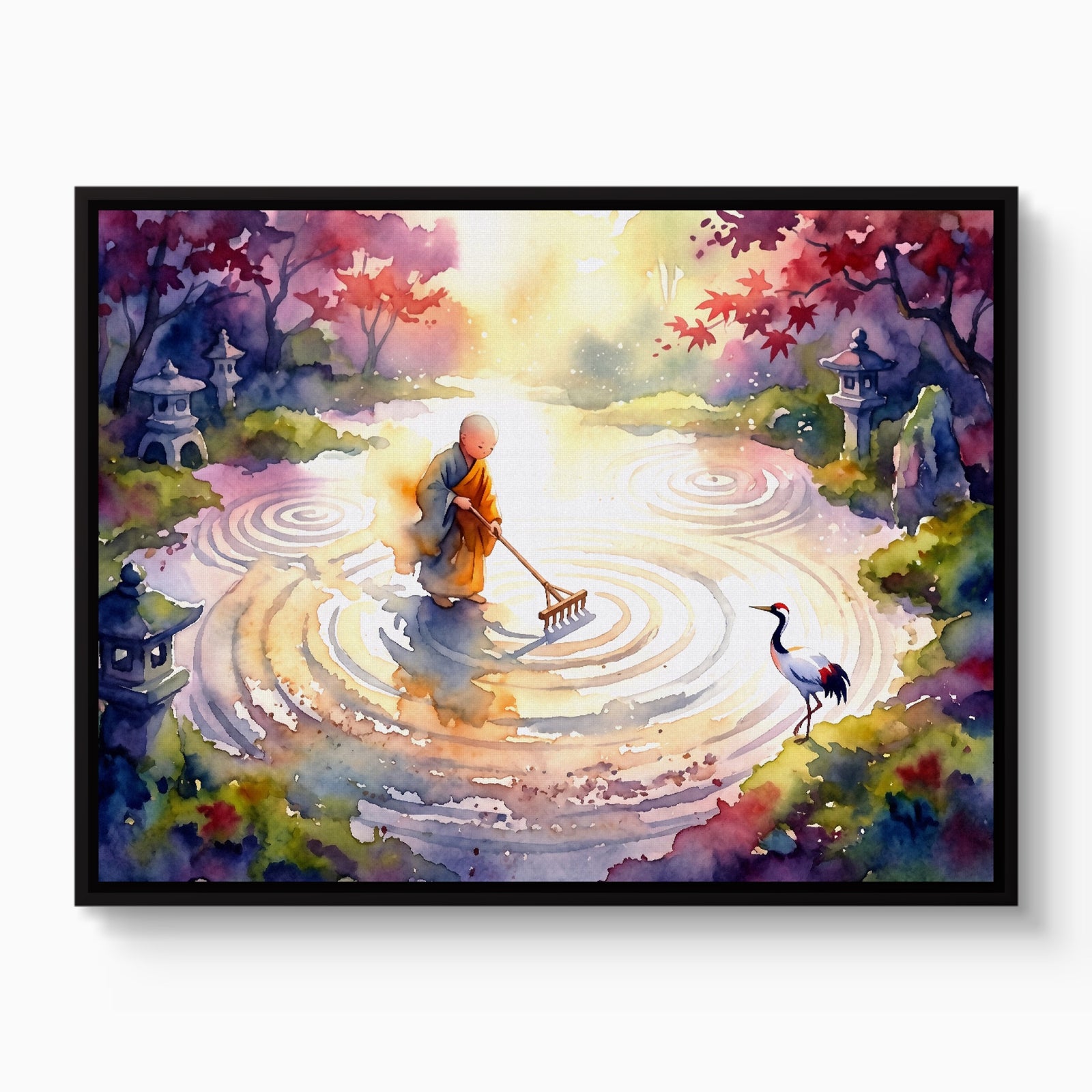 Monk Raking Circles — monk raking circles white studio framed black