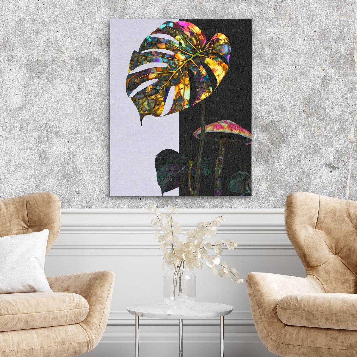 Monstera Psychedelic Bloom canvas wall art, room view