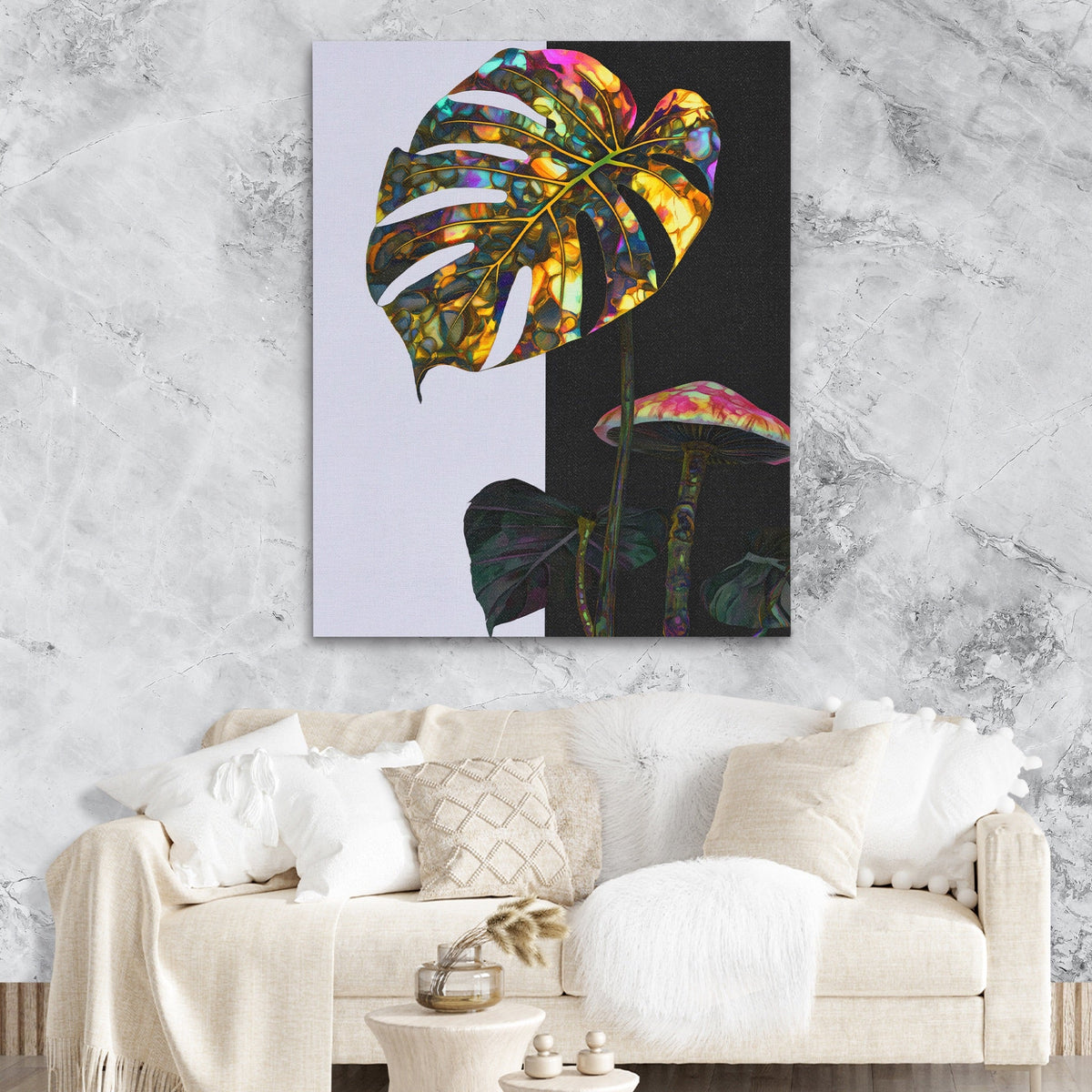 Monstera Psychedelic Bloom canvas wall art, room view