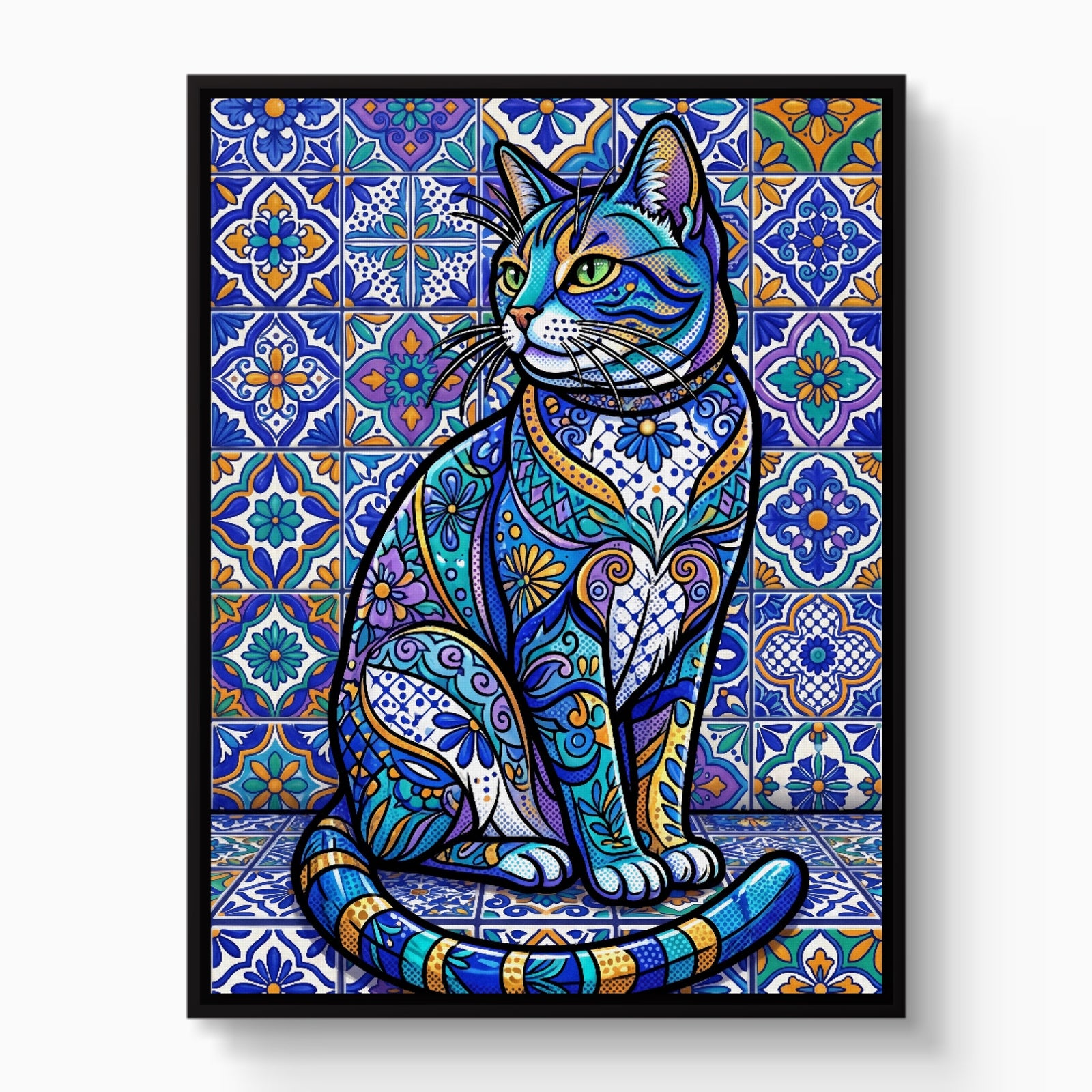 Mosaic Cat Azure — mosaic cat azure white studio framed black