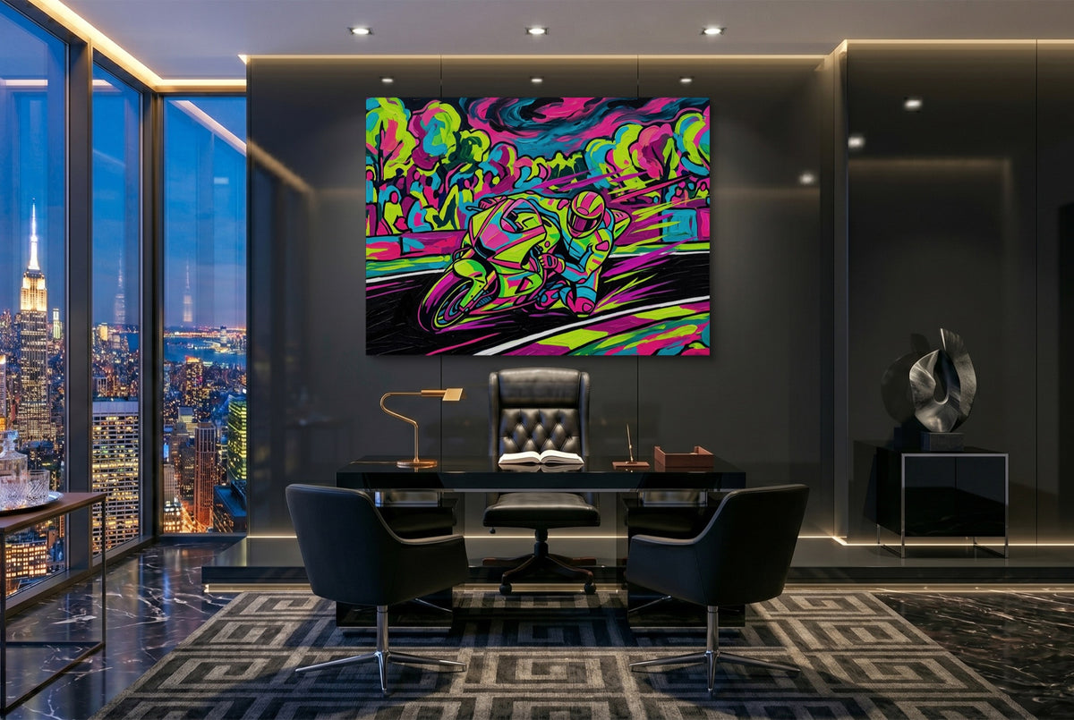 Motorcycle Neon Flash — motorcycle neon flash office with city view 3 1land flush print