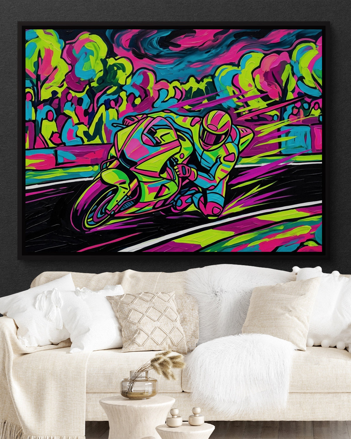 Motorcycle Neon Flash — motorcycle neon flash psd black wall white couch 1land framed black