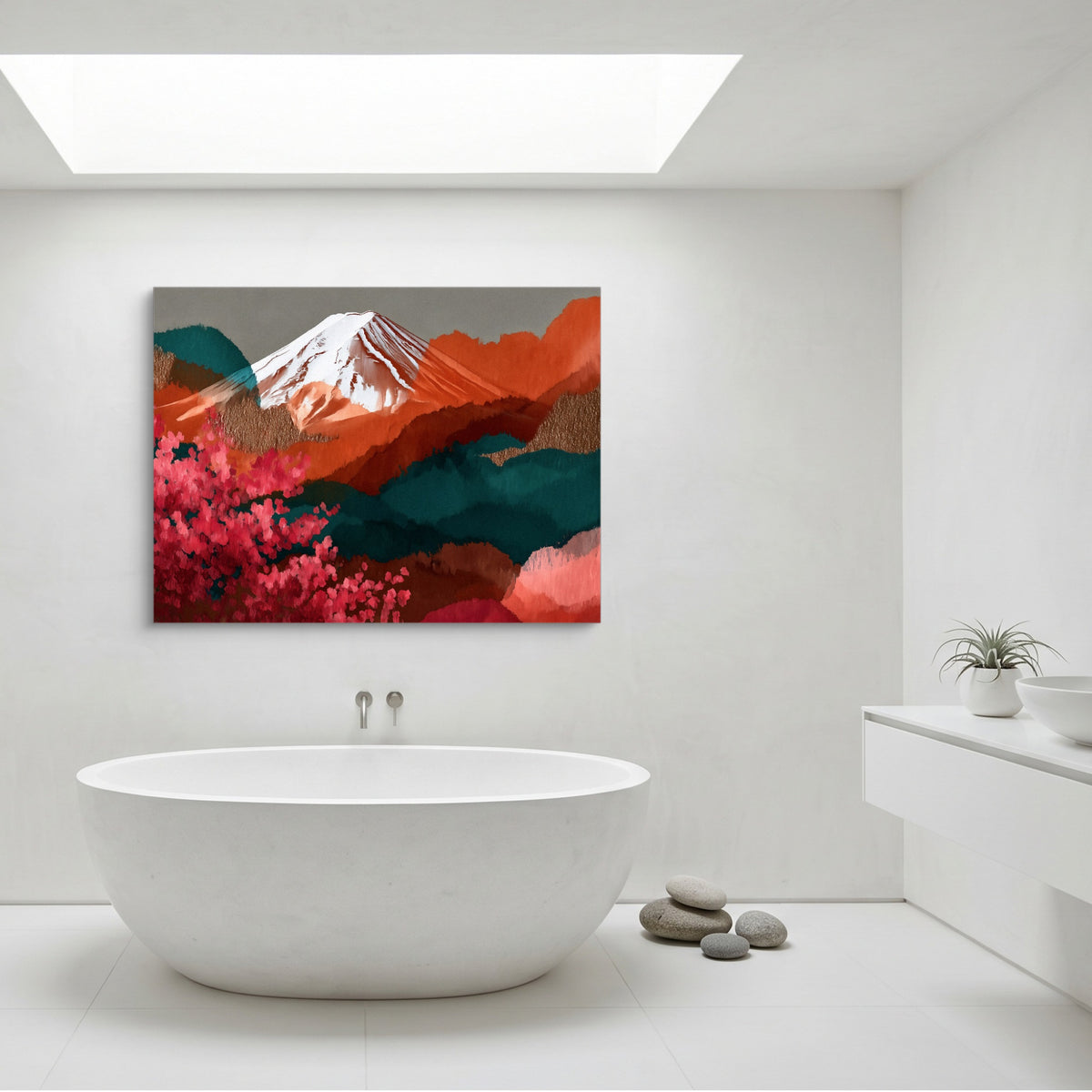 Mt. Fuji Crimson Blossom — mt. fuji crimson blossom sq minimalist bathroom 1land flush print