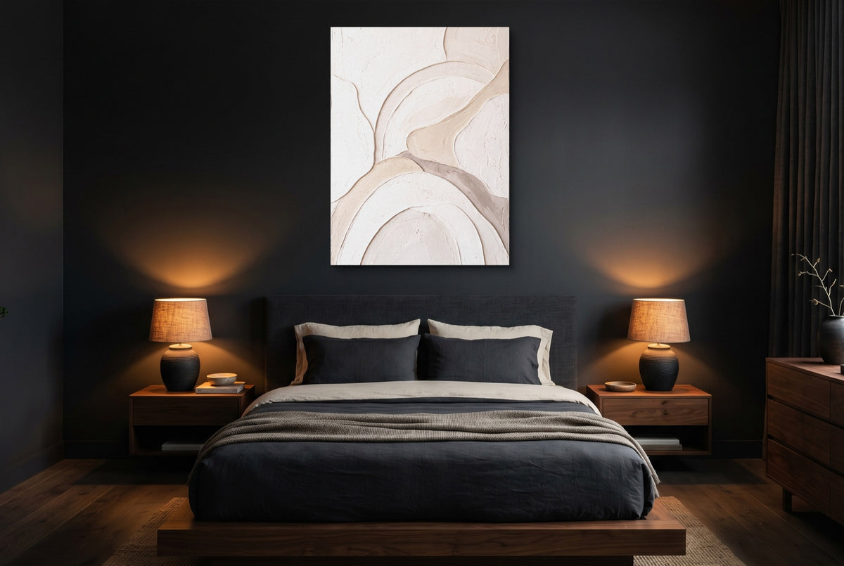 Neutral Sculpted Curves — neutral sculpted curves bedroom with dark walls 1port flush print