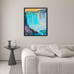 Niagara Falls in Gold and Blue - Nature Wall Art in Black Frame