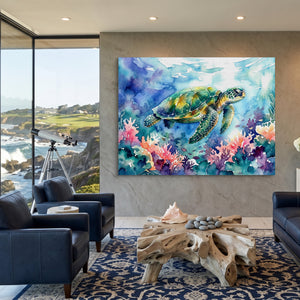 Ocean Turtle Swim — ocean turtle swim sq coastal views 1land flush print
