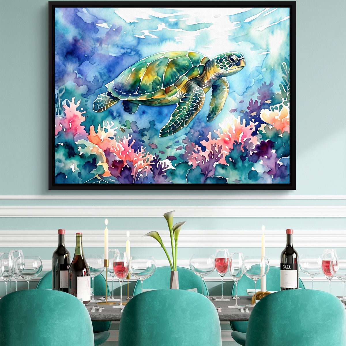 Ocean Turtle Swim — ocean turtle swim sq teal dining room 1land framed black