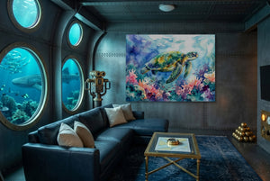 Ocean Turtle Swim — ocean turtle swim underwater themed living room 1land flush print