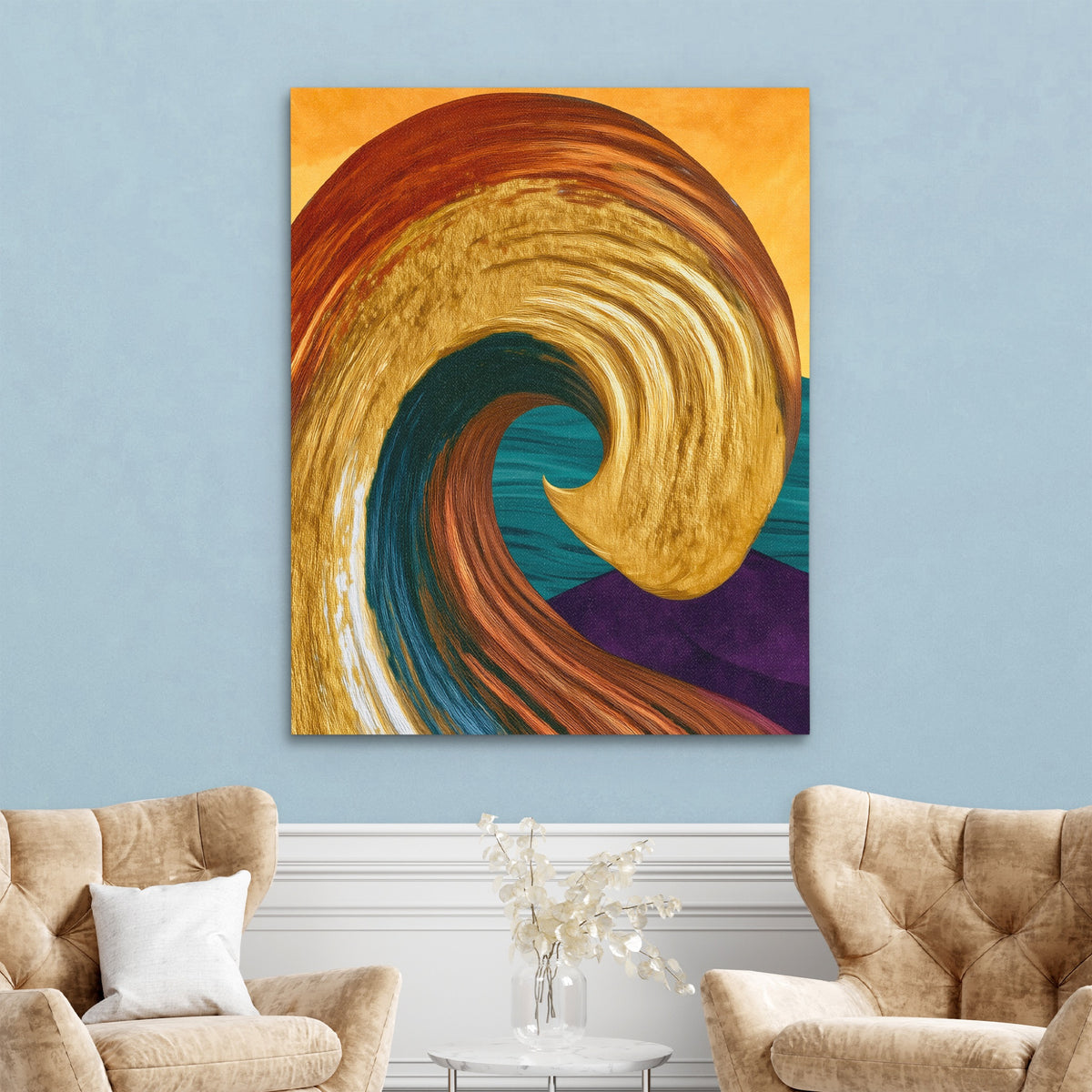 Ochre Wave Momentum — Ochre Wave Momentum Two Chairs Robins Egg Walls 328