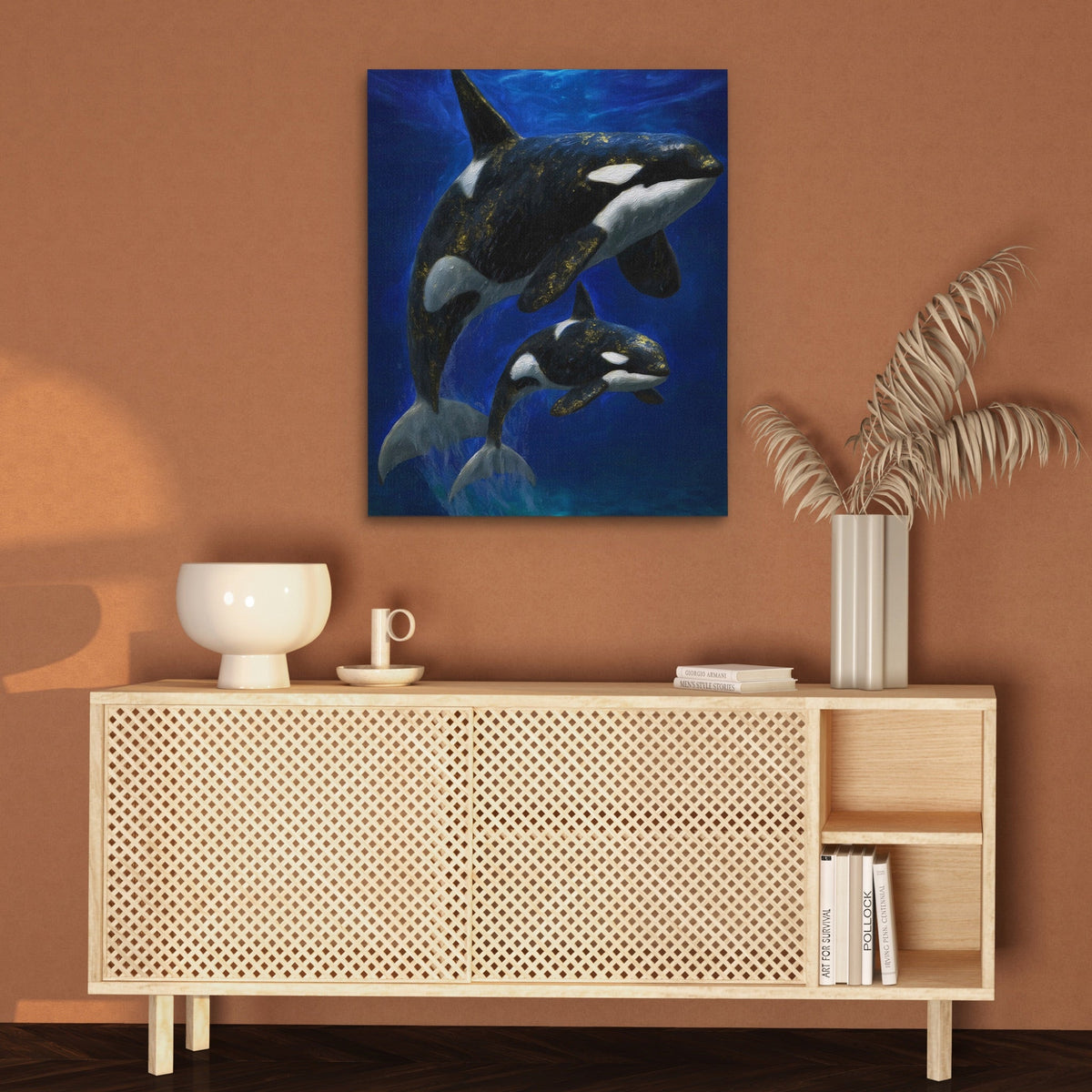 Orca Mother Calf canvas wall art, room view