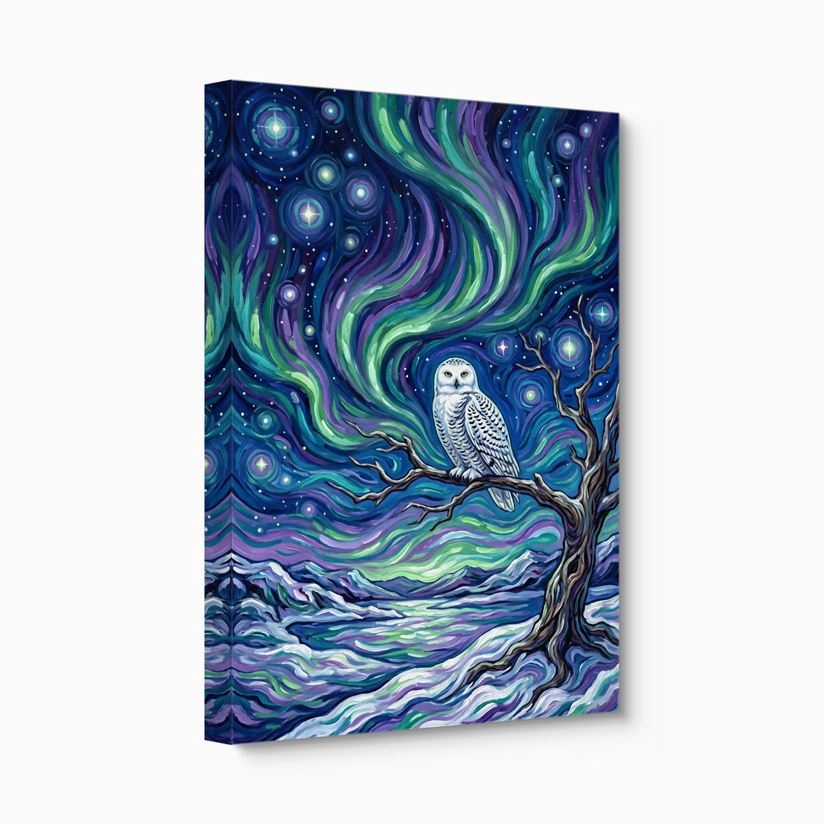 Owl Beneath Auroras — owl beneath auroras angled flush print