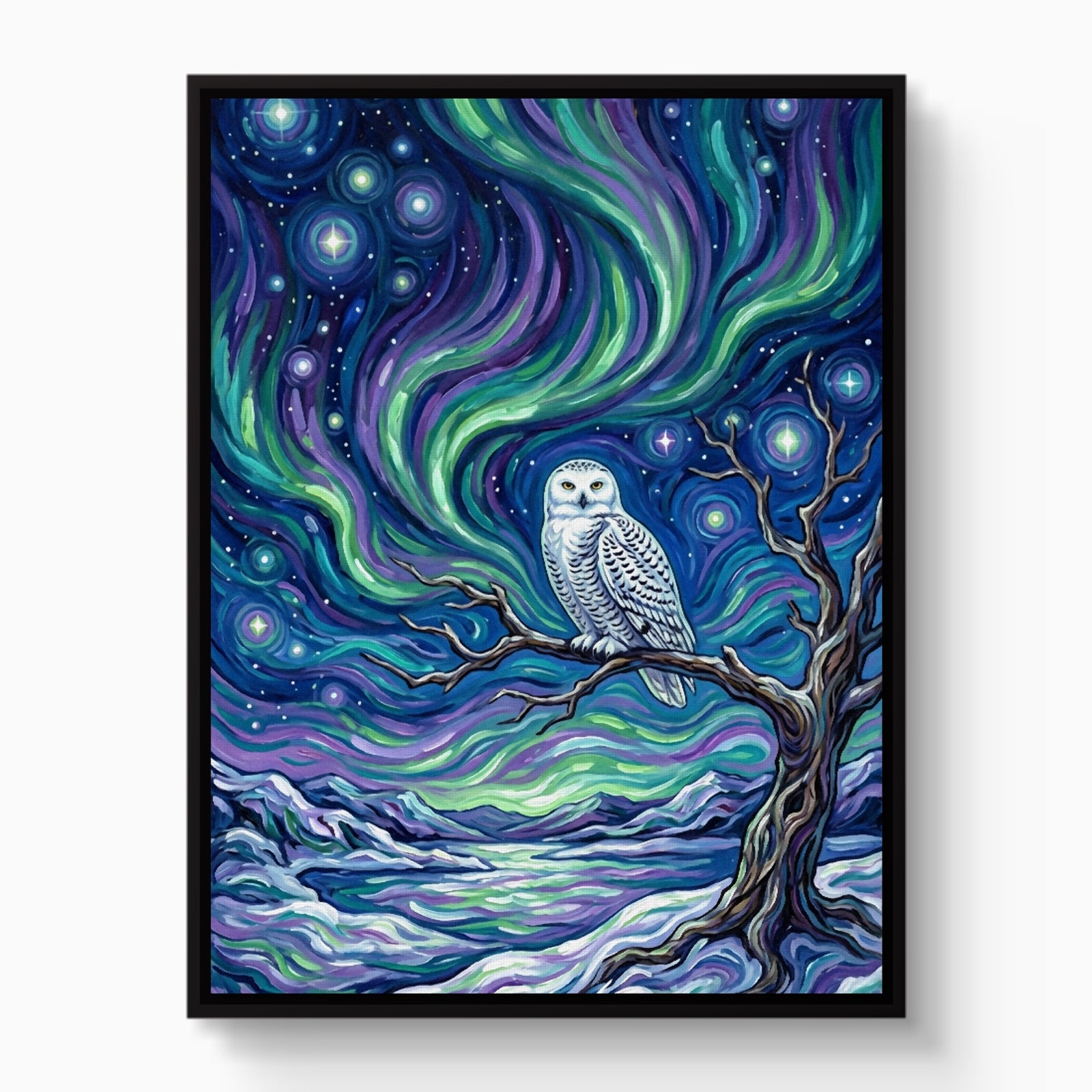 Owl Beneath Auroras — owl beneath auroras white studio framed black
