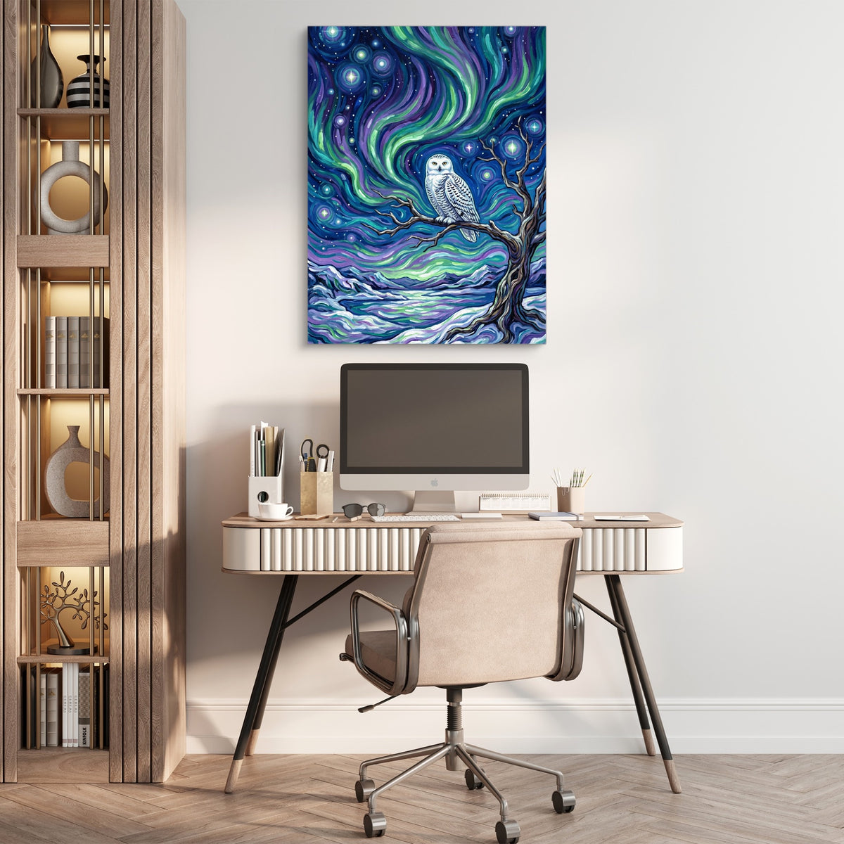 Owl Beneath Auroras — owl beneath auroras sq beige office 1port flush print