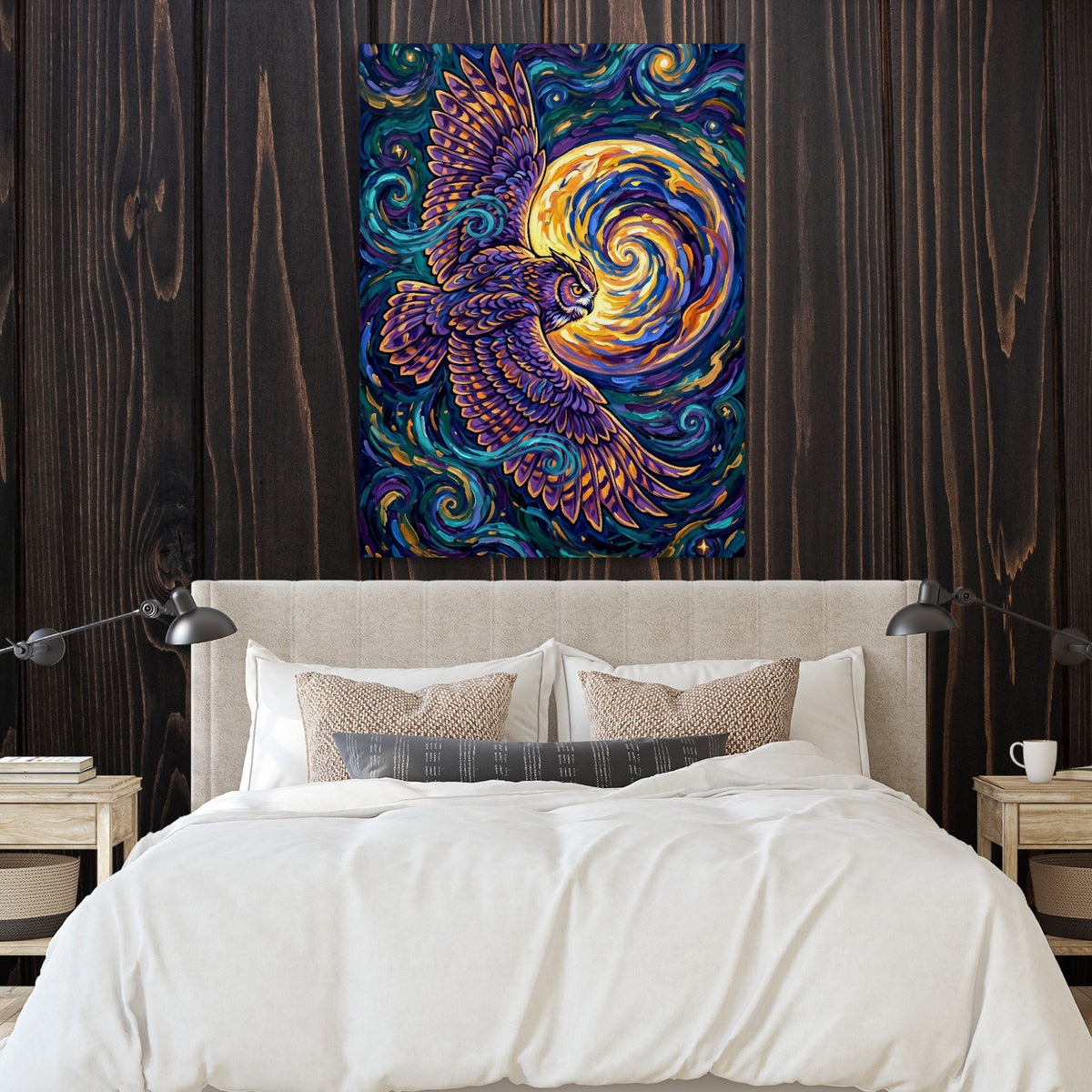 Owl Cosmic Flight — owl cosmic flight sq bedroom with wood walls 1port flush print