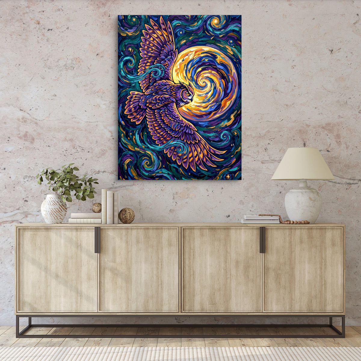 Owl Cosmic Flight — owl cosmic flight sq hallway granite wall 1port flush print