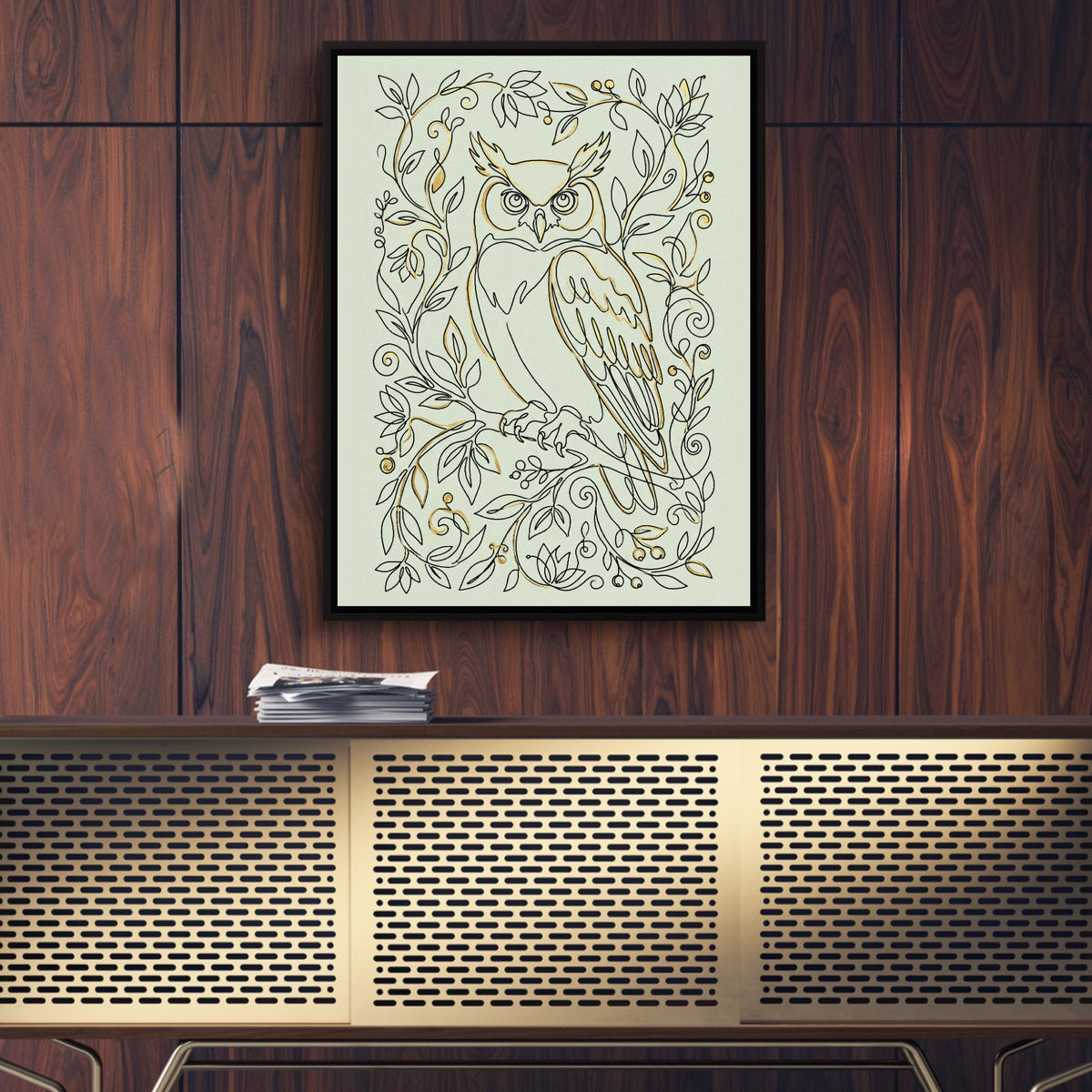 Owl Golden Vines — owl golden vines sq luxury wood wall close 1port framed black