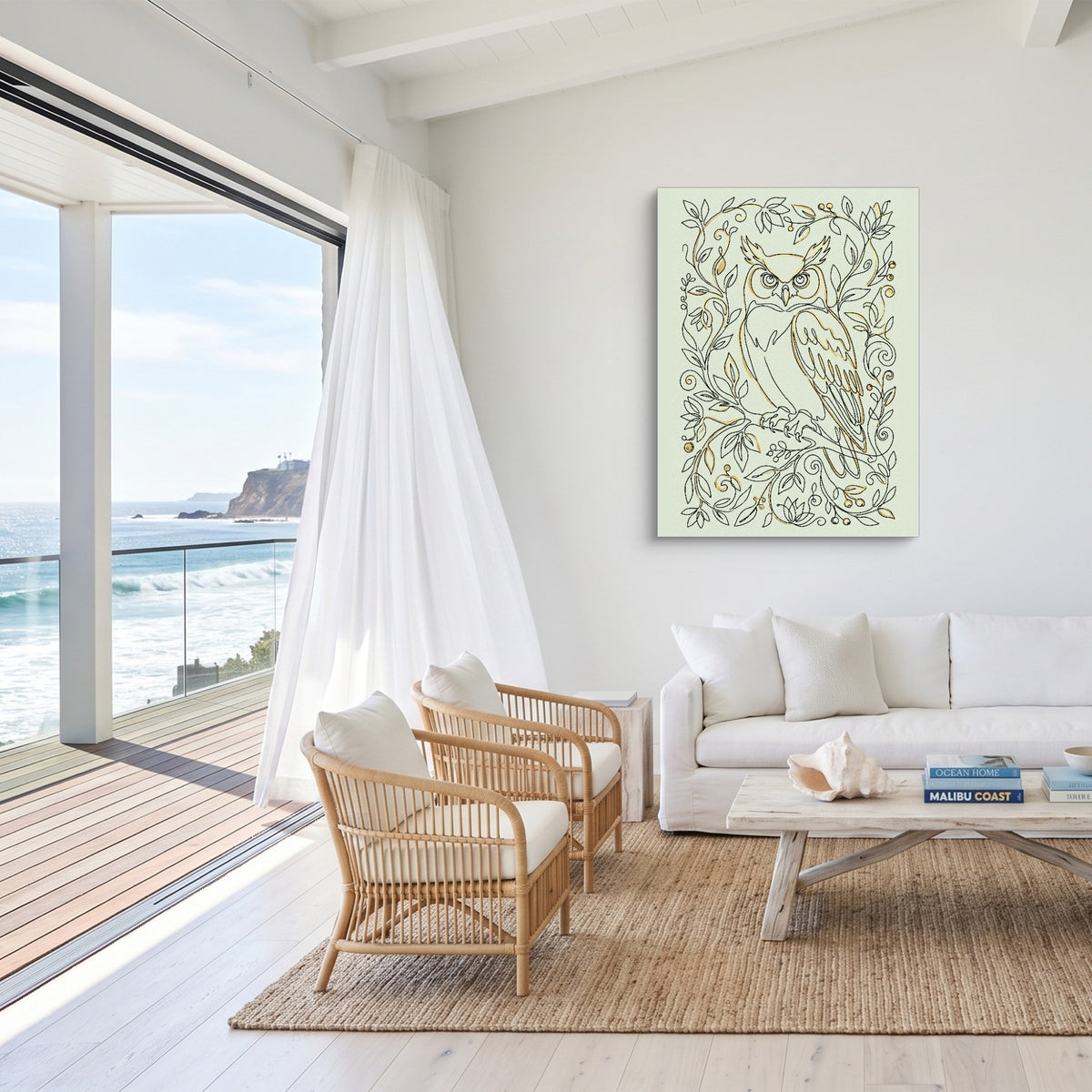 Owl Golden Vines — owl golden vines sq malibu beach 1port flush print